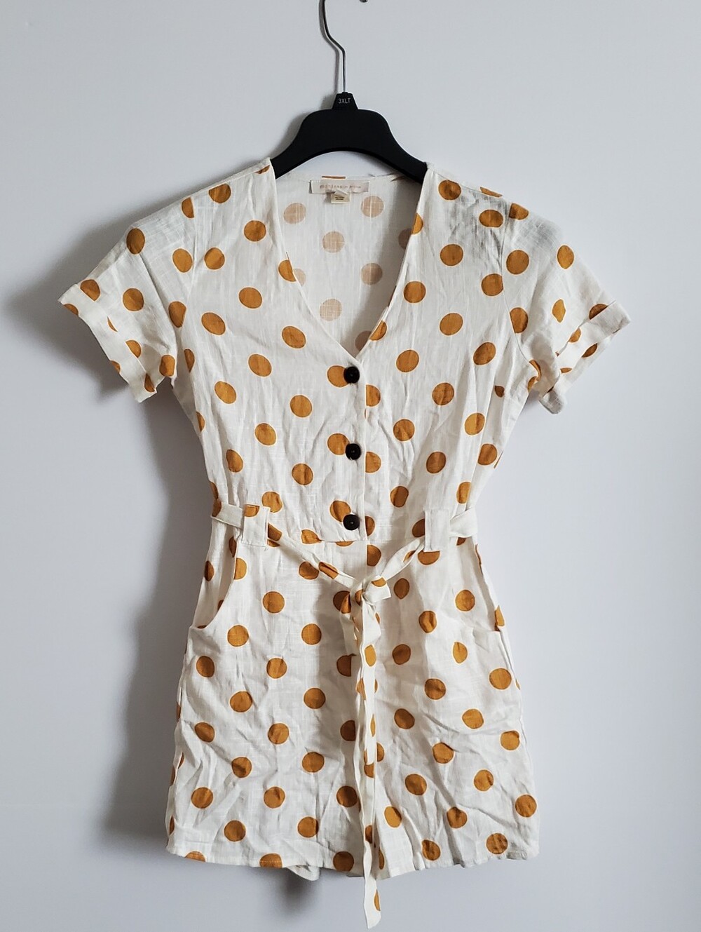 Monteau LA Cream Romper Shorts Linen Blend Mustard Yellow Polka Dot Waist Tie